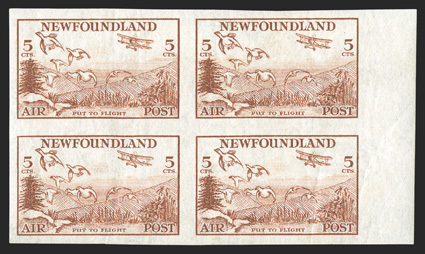 C13a, 1933 5c Light brown air post, imperforate, right sheet-margin block of four, other margins large and even, bright color, o.g., l.h., natural gum bends as usual, extremely
fine 2005 Sismondo certificate (Unitrade C$700.00+).