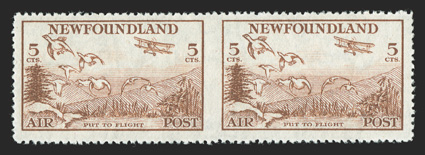 C13b, 1933 5c Light brown air post, horizontal pair, imperforate between, an uncommonly fresh and choice example of this rare error, lovely rich color on pristine white paper,
o.g., n.h., very fine (Unitrade C$2,400.00).