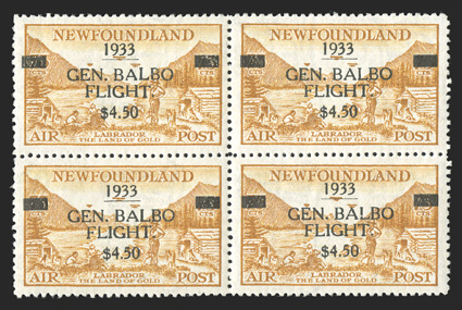 C18, 1933 $4.50 on 75c Balbo flight surcharge, an especially handsome mint block of four, extraordinarily well centered, strong rich color, o.g., top stamps lightly hinged,
bottom stamps never hinged, extremely fine 2003 RPS certificate (Unitra