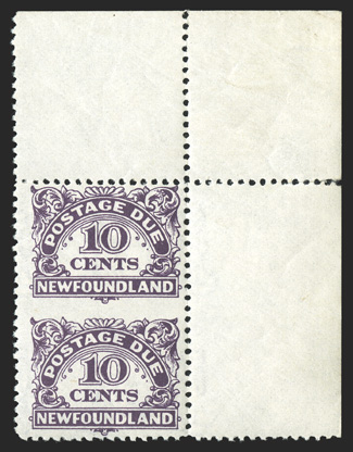 J7a, 1949 10c Dark violet postage due, vertical pair, imperforate between, top right corner margin pair, marvelously bright and fresh, o.g., never hinged, very fine only 30
pairs are known (Unitrade C$2,000.00).