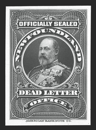 Unitrade OX1ii, 1905 Post Office seal, plate proof in black on card, large balanced margins all around, exceptionally fresh, extremely fine a highly select example of this rare
proof.