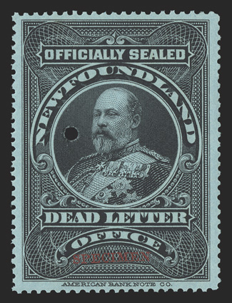 Unitrade OX1iii, 1905 Black Post Office seal, with red Specimen and small punch hole, pristine example, fresh and crisp, o.g., never hinged, very fine.