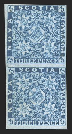 2, 1851 3p Blue, an exceedingly scarce mint vertical pair, full to mostly large margins all around, impressively rich color on bright paper, large part original gum, very fine
1988 Brandon certificate (Unitrade C$6,400.00+).