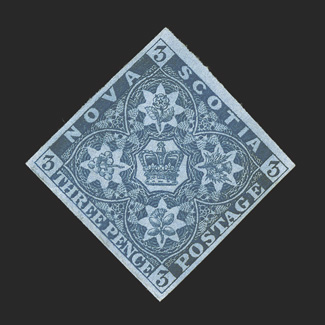 2b, 1857 3p Pale blue on blue paper, handsome mint single, with four large margins, lovely rich color and a well defined impression, full o.g., very fine and choice 2003
Brandon certificate (Unitrade C$3,200.00).