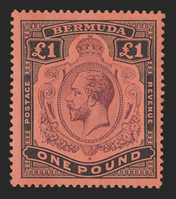 S.G. 55, 1918 £1 Purple and black on red, pristine mint single, bright colors, o.g., never hinged, very fine (Scott 54 for hinged $400.00).