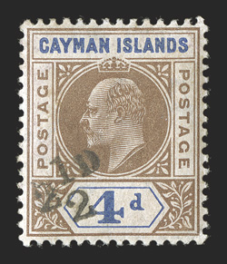 S.G. 35, 1908 2½d on 4p Brown and blue, well centered, strong fresh colors, o.g., trivial h.r., very fine a pleasing example of this rare key to the colony 1948 RPS certificate
(Scott 20 $2,000.00).