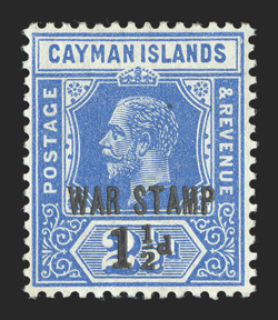 S.G. 55, 1917 WAR STAMP 1½d Surcharge on 2½p Deep blue, strong color, o.g., lightly hinged, there is a small inclusion in the Kings head mentioned only for accuracy, very fine
clear 2008 Sismondo certificate (Scott MR3 $1,000.00).