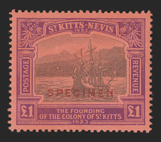 S.G. 48s-60s, 1923 ½p-£1 Tercentenary, with overprinted Specimen cplt., a well centered and exceptionally fresh set, o.g., lightly hinged, very fine (Scott 52S-64S
$775.00).