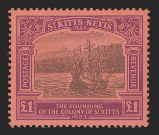 S.G. 60, 1923 £1 Black and purple on red Tercentenary, excellent centering, bright fresh colors, o.g., faintly hinged, choice very fine (Scott 64 $875.00).