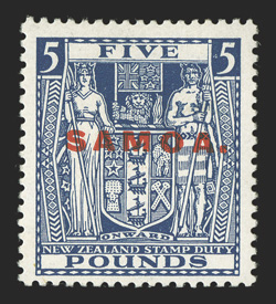 S.G. 176, 1932 £5 Indigo blue overprinted SAMOA., deep vibrant color on brilliant white paper, o.g., lightly hinged, a very fine example of this scarce high value signed
Champion and accompanied by a 1995 Brandon certificate (Scott 161 $2,6