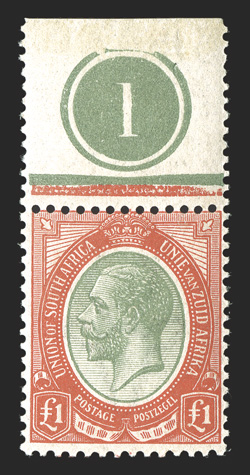 S.G. 17a, 1924 £1 Pale olive green and red, top margin control no. 1 single, fresh colors, o.g., stamp never hinged (hinged in the selvage only), fine (Scott 16a
$1,650.00).