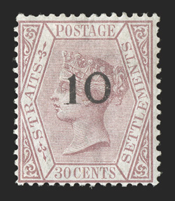 S.G. 35, 1880 10 Type c surcharge on 30c Claret, fresh color, o.g., minor gum crease at top, a fine example of this elusive stamp clear 1989 BPA certificate (Scott 23
$550.00).