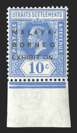 S.G. 254g, 1922 10c Bright blue Malaya-Borneo Exhibition, third I of Exhibition omitted, bottom sheet-margin single, extraordinarily fresh, with pristine white paper, nicely
centered, o.g., never hinged, very fine a superb example of this s