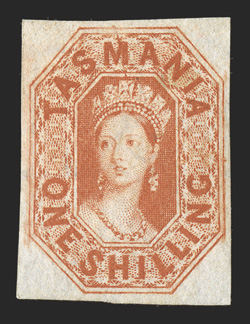 S.G. 41, 1858 1- Vermilion, mint single with four large margins, strong rich color, large part o.g., very fine 2008 Sismondo certificate (Scott 16 $900.00).