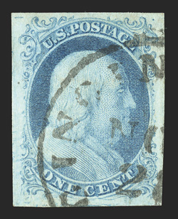5A, 1c Blue, Ty. Ib, position 3R1E, a truly superb used example of this classic rarity, being in a condition that would be quite a challenge to duplicate, featuring
exceptionally large and wonderfully well balanced margins all around, lovely ro