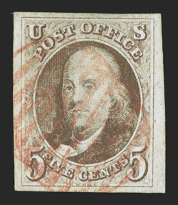 1, 5c Red brown, impressive used single, sporting large to huge margins all around, lovely rich color (noted as the Brown shade on the PSE certificate), crisp impression,
bright red grid cancel, extremely fine 1989 PF certificate and a 2010 PSE