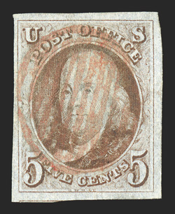 1, 5c Red brown, four full to mostly large margins, fine impression, cancelled by a red fancy 13-bar grid of Brattleboro, Vt., extremely fine a most unusual cancel on the 1847
Issue 2010 PF certificate.
