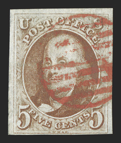 1, 5c Red brown, mostly large margins to well clear at bottom, strong color and clear impression on crisp clean paper, red circular grid cancel, very fine 2004 PSE
certificate.