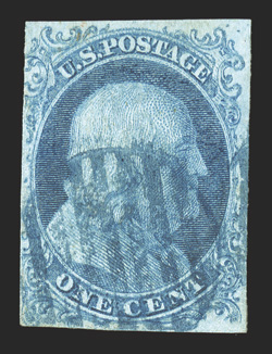 5A, 1c Blue, Ty. Ib, position 8R1E, a sound used example of this classic U.S. rarity, being from one of the two positions that furnished the best Type Ib examples, three ample
to full margins, fourth at left just shaving the design at a few poin