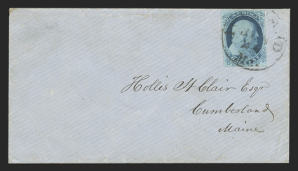 8A, 1c Blue, Ty. IIIa, position 35R1E, displaying wide break at top, four full margins, especially deep color and impression, tied to neat drop rate cover by Portland, Me.Jun 2?
c.d.s., very fine ex-Cowitt.