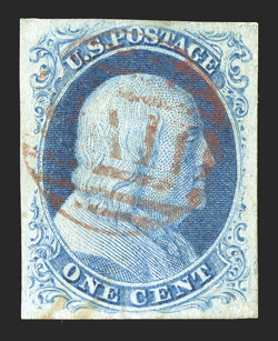 8A, 1c Blue, Ty. IIIa, position 55R1E, lovely used example which features three very large margins and an ample fourth margin at top, pretty pastel color, exceptionally
postmarked by a socked-on-the-nose small Boston PAID in red grid cance