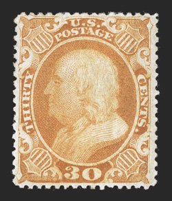 38, 30c Orange, an outstanding mint example that is extraordinarily well centered amid lavish margins for this stamp, strong color and impression, o.g., extremely fine few
original gum examples are as well centered and margined as this stamp 2