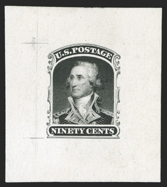 39TC1, 90c Black large die trial color proof on India, 40x44mm on card, with faint layout lines, exceedingly fresh, very fine an extraordinarily rare proof, with probably no
more than two or three in existence 1996 PF certificate.