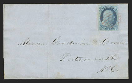 7, 1c Blue, Ty. II, position 79R1E, three large margins, just touched at top, lovely bright color and impression, tied to printed circular datelined Great Falls, July 12, 1851
by light strike of pretty red grid cancel, this being the earli