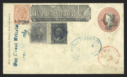 78, 24c Lilac, along with 12c Black E grill (90) on 6c Dark red on amber (U86) used entire as an unaddressed paste-up to England with printed Wells, Fargo & Co. frank, all are
tied by by quartered cork postmarks, used in combination