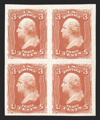 63P3-78P3, 1861-67 1c-90c plate proof on India cplt. in blocks of four, including 73P3, 74P3 and 77P3, each with large margins all around and bright fresh colors, a few minor
natural India paper flaws, one 15c with pinhole, otherwise a very fin