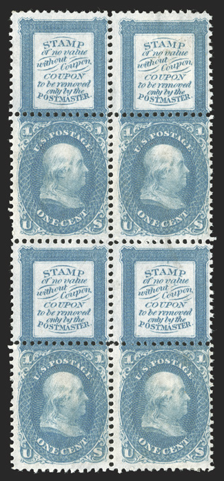 63-E13f, 1c Blue Bowlsby patent coupon, plate essay on white paper, perforated all around and between stamp and coupon, scarce block of four, fresh and intact, o.g., h.r.s,
fine-very fine and attractive.