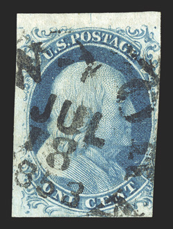 9, 1c Blue, Ty. IV, position 5L1L, three large to huge margins, just in at right, cancelled by a very rare 1853 year date c.d.s. of New York, which was in use for only 16 days,
deep rich color, fine pictured in Ashbrook (Volume 2, page 117)