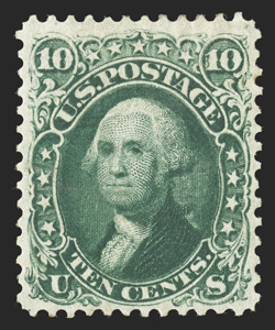 68a, 10c Dark green, intensely rich color and a sharp detailed impression, nicely centered, o.g., current certificate mentions a tiny corner scuff, otherwise very fine an
elusive color variety clear 1986 PF certificate as the generic 68, clea