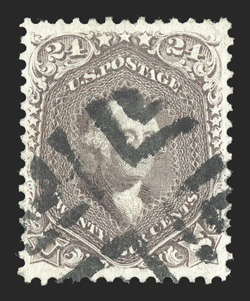 70, 24c Red lilac, exceedingly well centered within large margins, bright color and a sharp impression, well struck crossroads cancel, extremely fine 1986 PF
certificate.