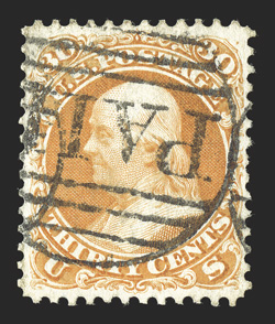 71, 30c Orange, a most attractive used single that is incredibly well centered, bright color, crisp large Boston Paid in grid cancel, extremely fine 1987 and 2008 PF
certificates.