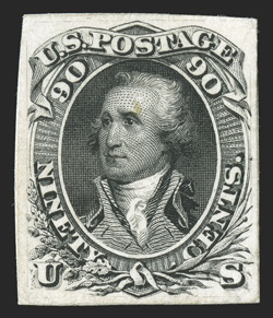 72-E7f, 90c Black plate essay on card (split thin), remounted on a thick card, full margins, fresh and very fine.