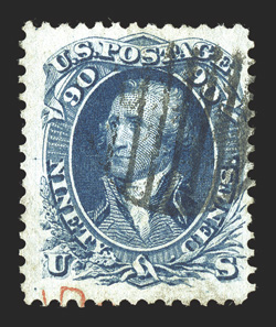 72b, 90c Dark blue, striking prooflike color in the scarce Dark blue shade, razor-sharp impression, black grid cancel and a trace of a red transit pmk., very fine 2010 PSE
certificate.