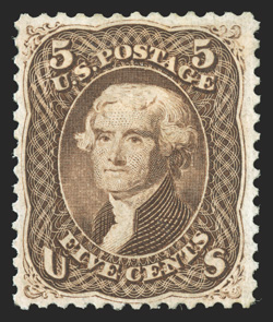 76, 5c Brown, gem mint example, possessing outstanding centering within uncharacteristically large margins which are rarely associated with this value, gorgeous intense color
in a deep shade, strong detailed impression, full o.g., extremely fine