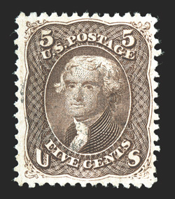 76, 5c Brown, used, uncommonly well centered within large margins for this value, rich color, just a faint trace of a cancel, extremely fine 2008 PF
certificate.