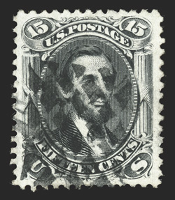 77, 15c Black, used, exceedingly well centered within uncharacteristically wide margins, strong color on fresh paper, diamond grid cancel, current certificate notes a tiny
corner crease, otherwise extremely fine clear 1989 PF certificate and a