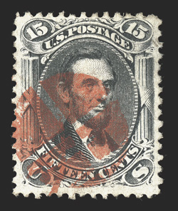 77, 15c Black, used single that is cancelled by a red quartered cork in a stunning bright color, very fine an especially attractive cancel 2005 PSE certificate.
