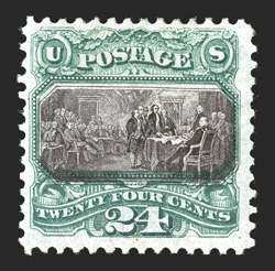 130, 24c Green and violet re-issue, fresh mint example, vivid rich colors and prooflike impression, full clean o.g., tiny h.r., nearly very fine 1993 PF
certificate.
