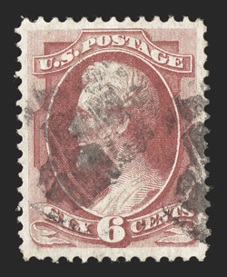 137, 6c Carmine with grill, lovely used example, particularly well centered within generous balanced margins, strong color on fresh paper showing numerous easily identifiable
grill points, cork cancel, extremely fine 1973 PF certificate.