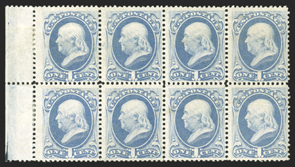 145, 1c Ultramarine, scarce left sheet-margin mint block of eight (4x2), bright and fresh, full o.g., top stamps very lightly hinged and the bottom stamps n.h., each with a
light horizontal crease, fine appearance.