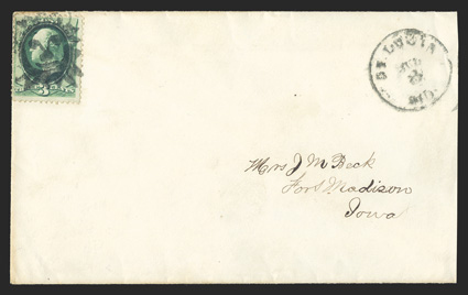 147, 3c Green, tied by well struck fancy sun face cancellation to fresh cover to Fort Madison, Iowa, matching St. Louis, Mo.Jul 8 datestamp at top right, very fine 1992 PF
certificate.