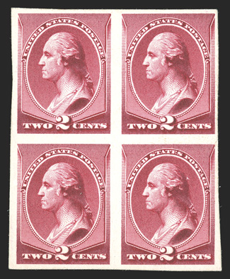 210TC4, 2c Deep red, trial color plate proof on card, block of four, ample to large margins, fresh and very fine.