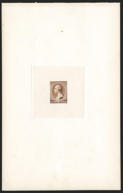 210P1, 2c Red brown, large die proof, die sunk on full sized 137x216mm card, fresh and clean but for a trivial small spot far away from the sinkage area, extremely
fine.