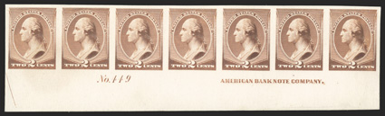210P3, 210P4, 2c Red brown, plate proofs, group comprised of left margin block of four and part arrow block of four of the plate proof on India paper and block of four and
bottom margin imprint and plate No. 449 strip of seven of the plate pro