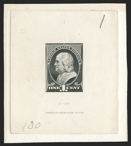 212TC1, 1c Black large die trial color proof on India, die sunk on 64x72mm card, with American Bank Note Co. imprint and C-178 at bottom, a couple pencil notations, very fine
and rare Scott does not list this value in black, we have cataloged