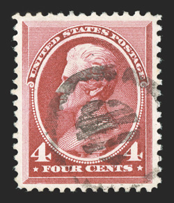 215, 4c Carmine, highly select used single that is exceedingly well centered and margined, rich vibrant color, cork cancel, extremely fine 2010 PSE certificate (XF-Superb 95
SMQ $265.00) only two stamps grade higher.